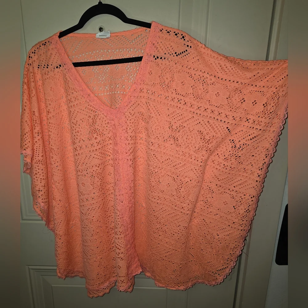 2 For $20 Coral Crochet Swim‎ Cover Up Top Size M oversized Boho Beach V-Neck